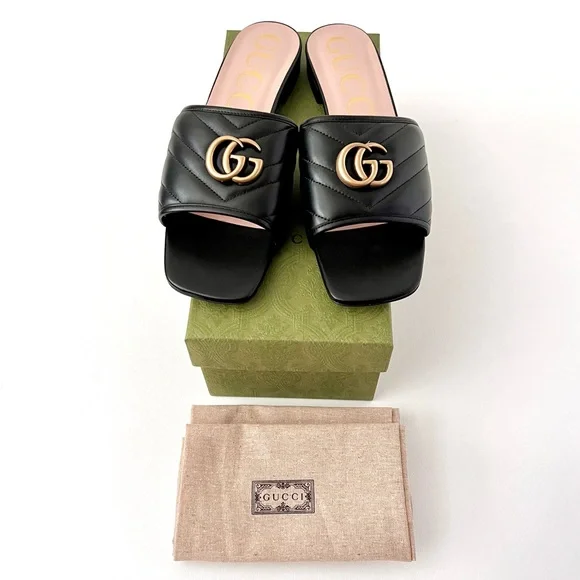 GUCCI | Marmont GG Jolie Matelasse Quilted Black Leather Low Heel Slides Sandals - Picture 2 of 14